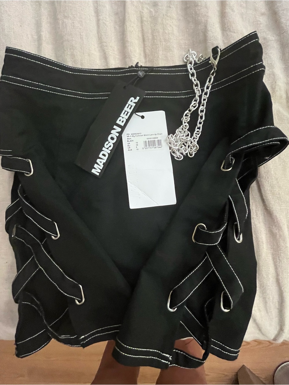 NWT Madison Beer Missguided Black Mini Skirt with Chain, US Size 6, UK Size 10